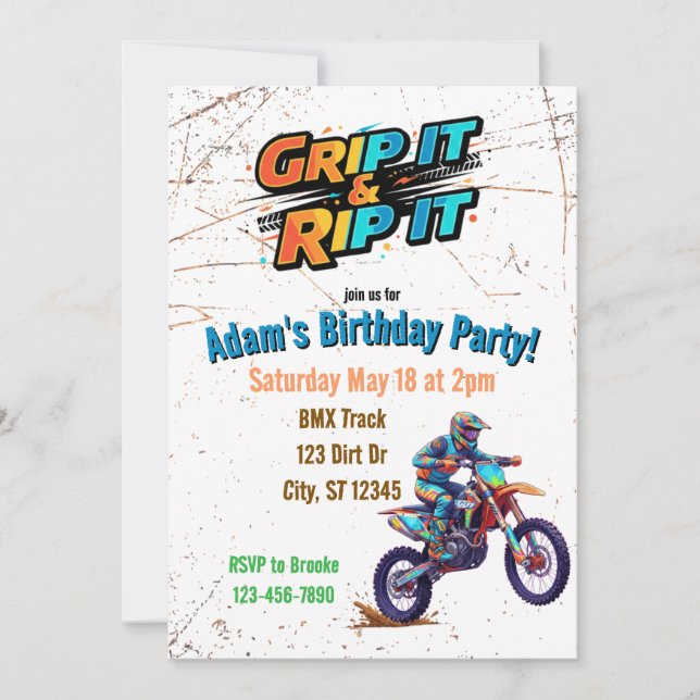 Grip it & Rip It Dirt Bike Birthday Invitation Einladung (Vorderseite)