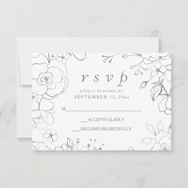 Gris argenté floral simple élégant mariage RSVP (Devant)