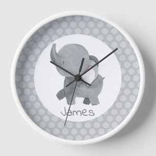 Gris Blanc Elephant Baby Nursery Horloge Avec Nom