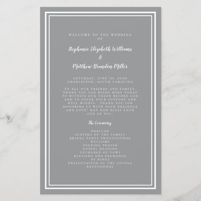 Gris blanc Mariage Script Programme de cérémonie b (Devant)