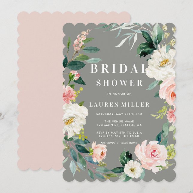Gris Blush Floral Wreath Bridal Douche Invitation (Devant / Derrière)