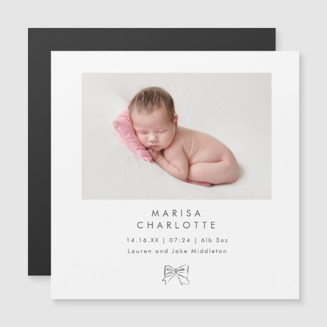 Gris Bow Photo Baby Girl Magnet Faire-part de nais (Devant / Derrière)
