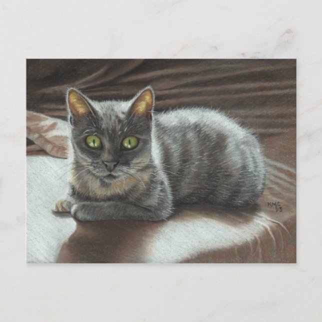 Gris Chat Vert Yeux sur carte postale Lit KMCorigi (Devant)