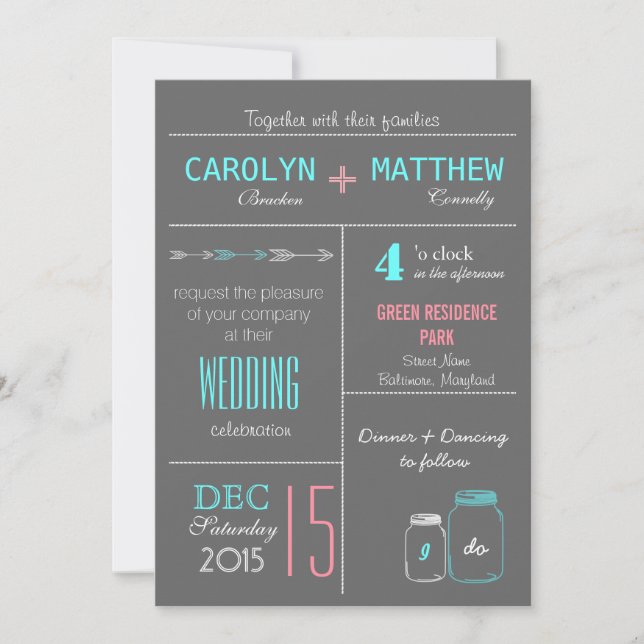 Gris chic| Rose| Invitation au mariage MasonJar bl (Devant)
