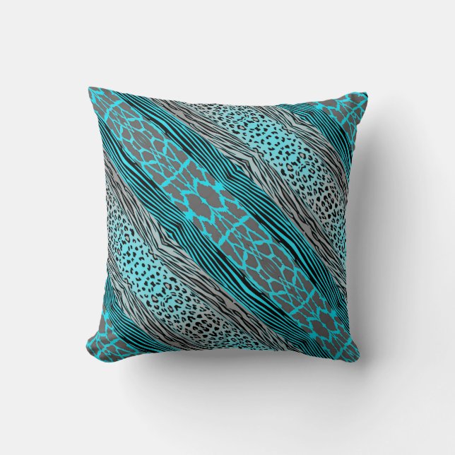 Gris Et Aqua Animal Imprimé Zebra Stripe Coussin (Recto)
