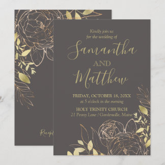 Gris et pivoine d'or Faire-part de mariage florale