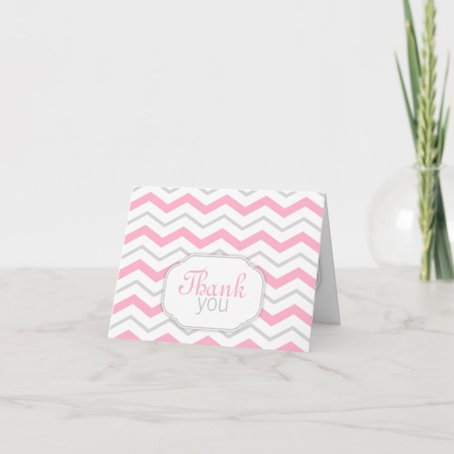 Gris et rose Chevron moderne Merci Cartes (Devant)