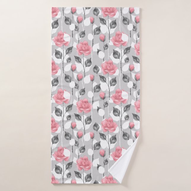 Gris et rose. Motif floral (Serviette de bain)