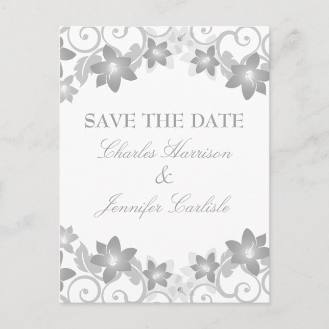 Gris floral simple Enregistrer la date Carte posta (Devant)