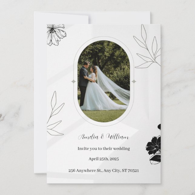 Gris Floral Simple Faire-part de mariage (Devant)
