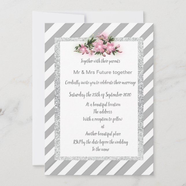 Gris Gris Gris rose fleur invitation mariage nouve (Devant)