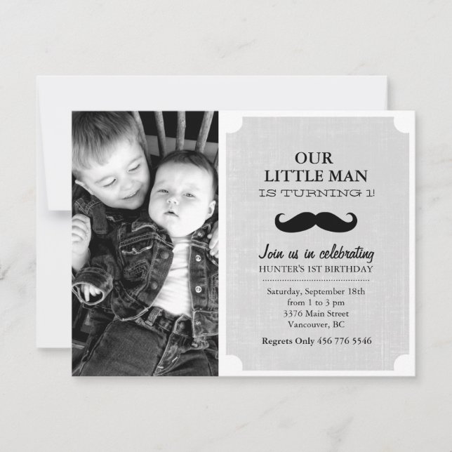 Gris & Mustache noire Photo Premier Invitation d'a (Devant)