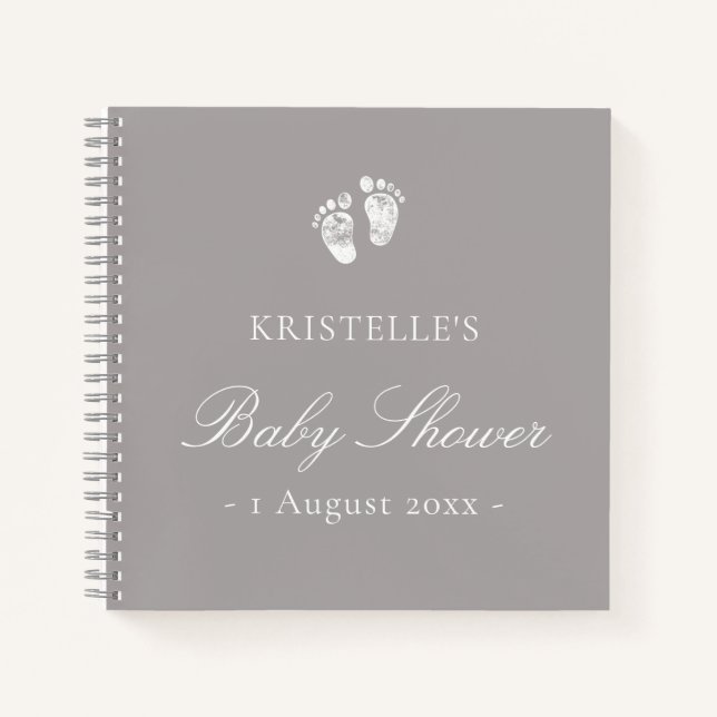 Gris Neutre Bébé Empreinte Baby shower Livre d'inv (Devant)