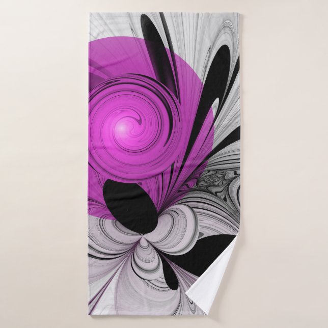 Gris Noir Abstrait Avec Art Fractal Magenta (Serviette de bain)