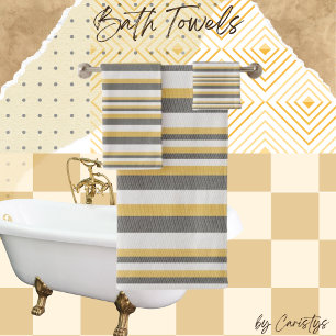 Gris rayé, Crème, Serviette Jaune