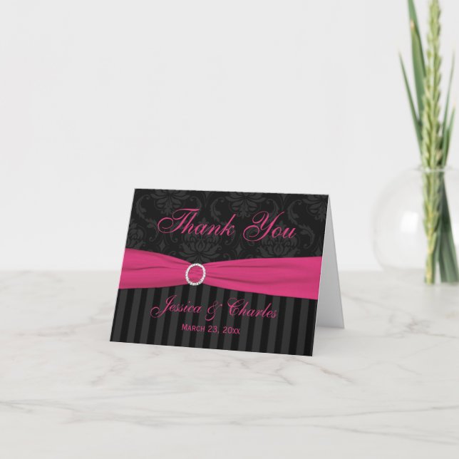 Gris rose noir Damask Cartes de remerciements (Devant)