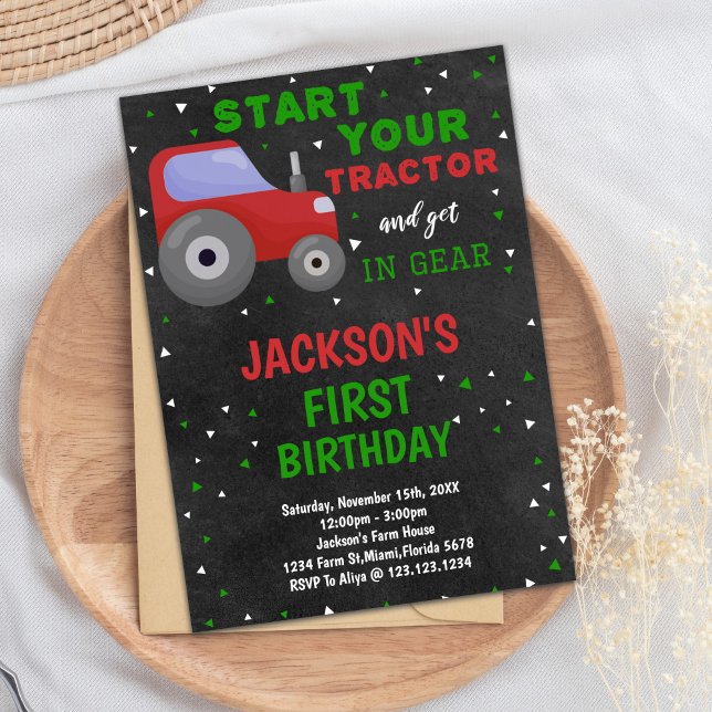 Gris Rouge Tracteur Invitations Anniversaire (Gray Red Tractor Birthday Invitations)