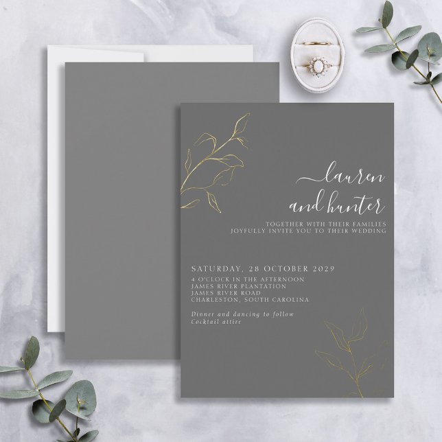 Gris Script Gold Botanique Mariage Foil Invitation (Créateur téléchargé)