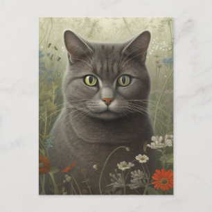 Gris Tom Chat Dans Un Jardin Fleur Carte Postale