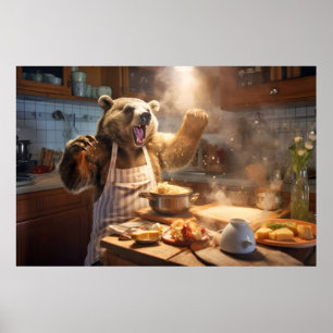 Grizzly Bär Animal Fun Kochen Küche glücklich Poster