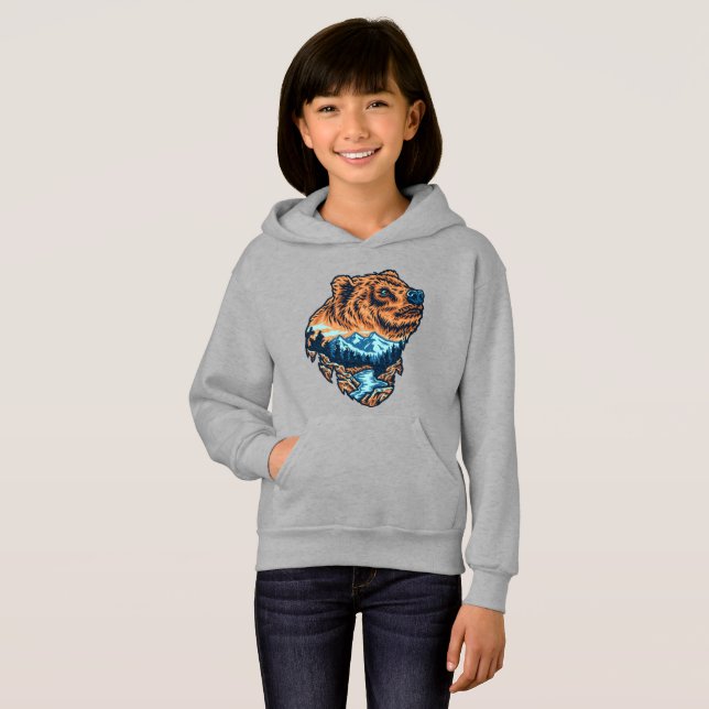 Grizzly Bär Head Silhouette Mountain Forest River Hoodie (Vorne ganz)