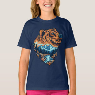 Grizzly Bär Head Silhouette Mountain Forest River T-Shirt