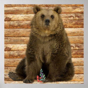 Grizzly-Bär-Holz im rustikalen Blockhausstil Poster