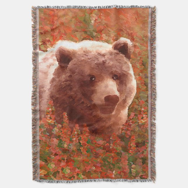 Grizzly Bären Cub in Fireweed Painting Wildlife Ar Decke (Vorderseite Vertikal)