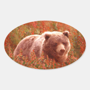 Grizzly Bären Cub in Fireweed Painting Wildlife Ar Ovaler Aufkleber