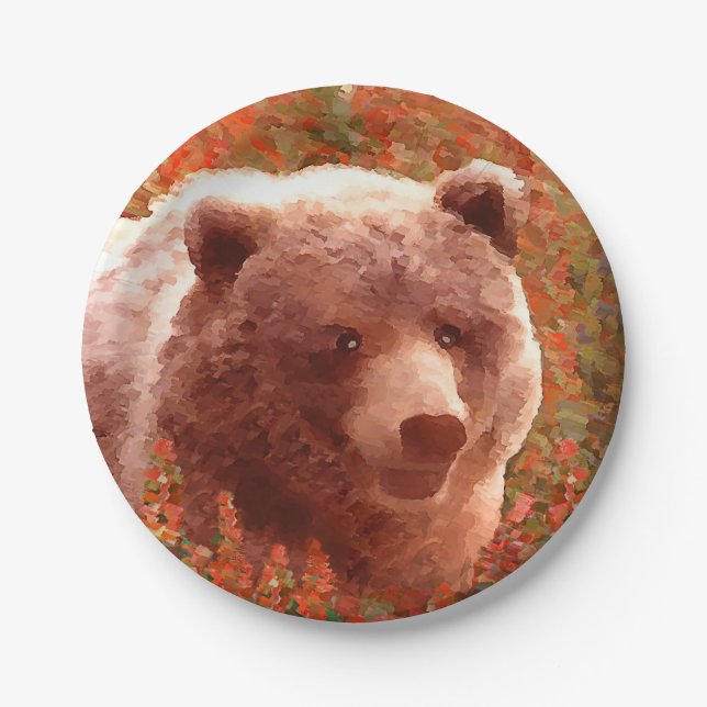 Grizzly Bären Cub in Fireweed Painting Wildlife Ar Pappteller (Vorderseite)