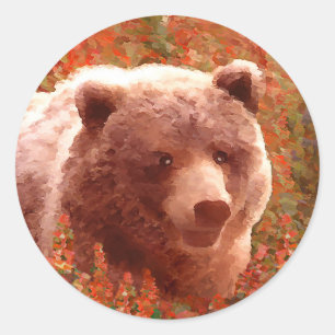 Grizzly Bären Cub in Fireweed Painting Wildlife Ar Runder Aufkleber