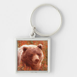 Grizzly Bären Cub in Fireweed Painting Wildlife Ar Schlüsselanhänger