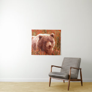 Grizzly Bären Cub in Fireweed Painting Wildlife Ar Wandteppich