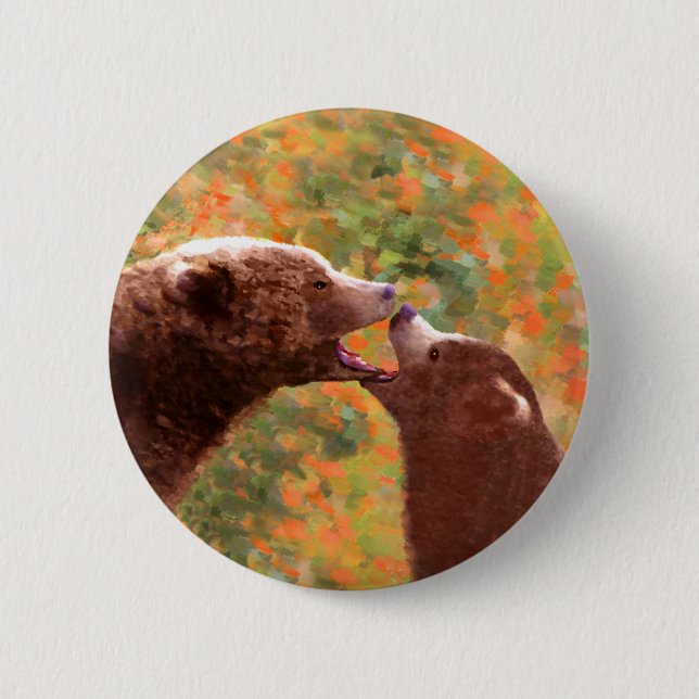 Grizzly Bear Mama and Cub Painting - Wildlife Art Button (Vorderseite)
