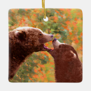 Grizzly Bear Mama and Cub Painting - Wildlife Art Keramikornament