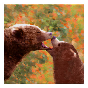 Grizzly Bear Mama and Cub Painting - Wildlife Art Poster