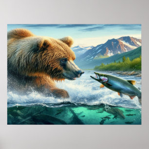 Grizzly Bears mit Forellenlachs 24x18 Poster