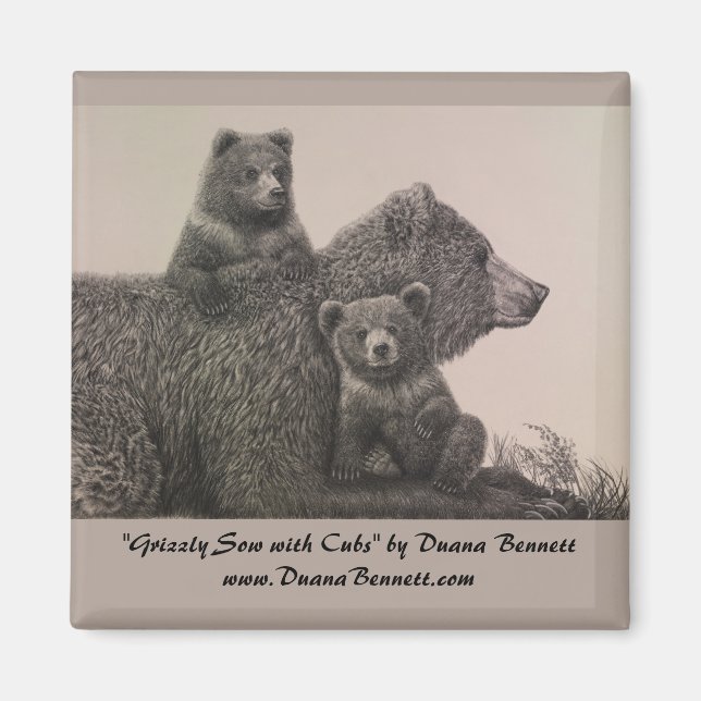 "Grizzly Sow with Cubs" zeichnend auf einem Magnet (Vorne)