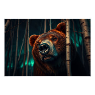 Grizzlybär, Birches und Aurora Art Poster