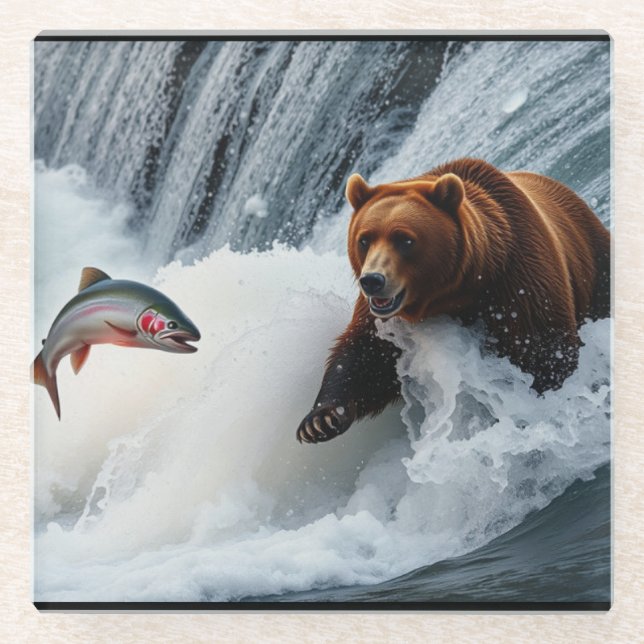 Grizzlybär fängt Lachs Glasuntersetzer (Vorderseite)