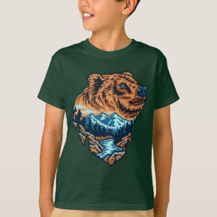 Grizzlybär Kopf Silhouette Berg Wald Fluss T-Shirt