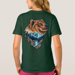 Grizzlybär-Kopf-Silhouette Bergwald Fluss T-Shirt