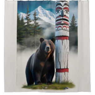 Grizzlybär mit Totem Pole Art Duschvorhang