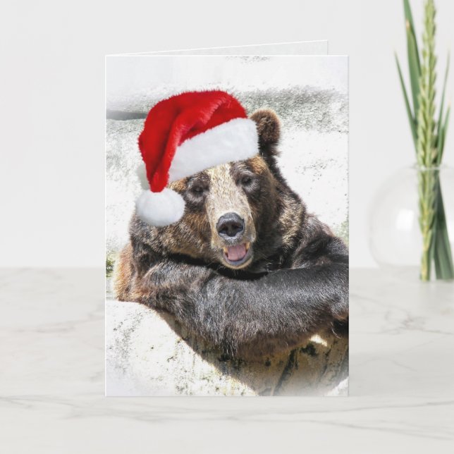 Grizzlybär mit Weihnachtshut Feiertagskarte (Vorderseite)