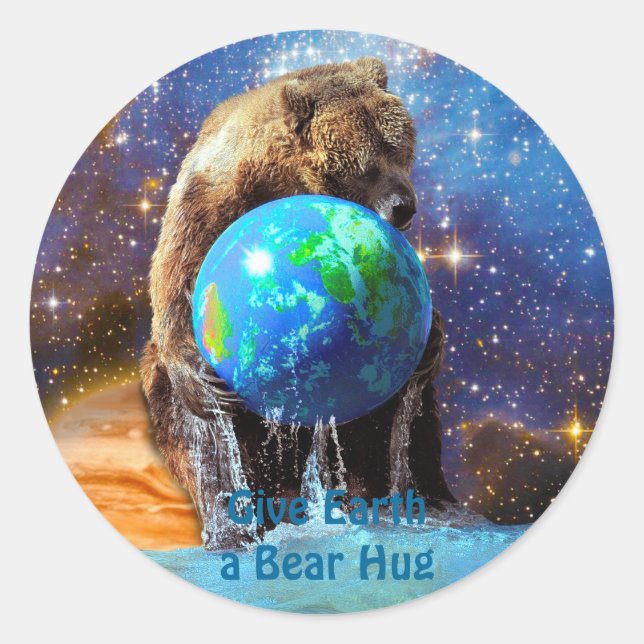 Grizzlybär umarmt den Planeten Erde Tag Runder Aufkleber (Vorderseite)