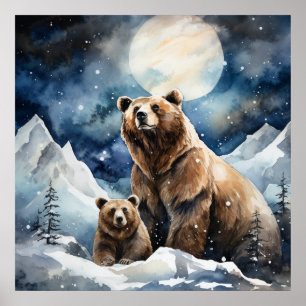 Grizzlybär und Baby Poster