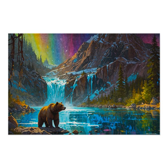 Grizzlybär und Nordlichtkunst Poster (Vorderseite)