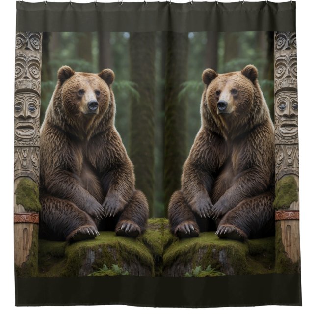 Grizzlybär und Totem Pole Art Duschvorhang (Vorderseite)