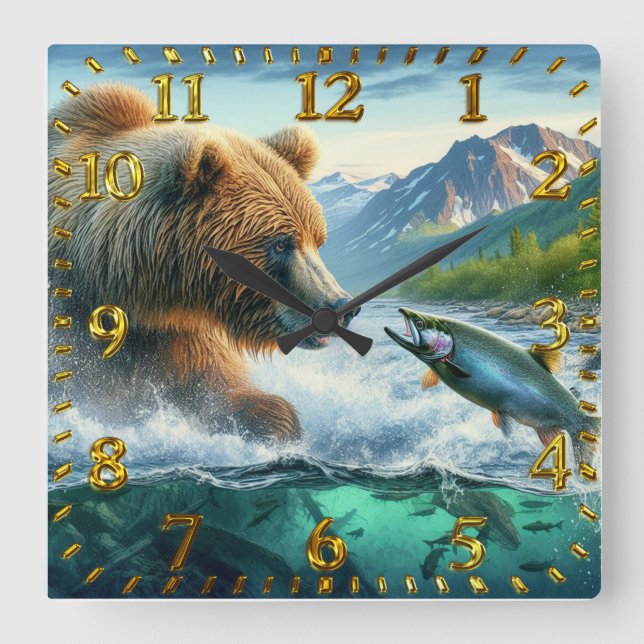 Grizzlybären mit stählernen Forellenlachs springen Quadratische Wanduhr (Vorderseite)