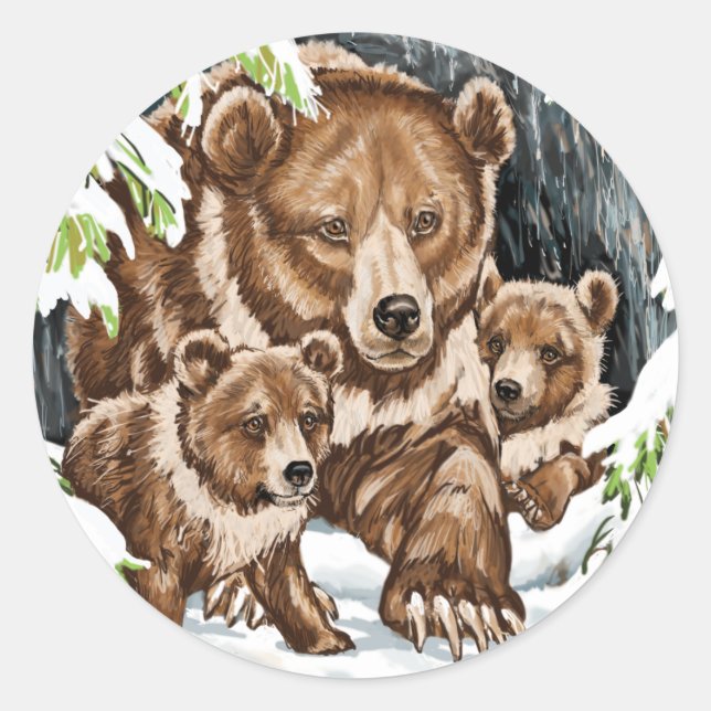 Grizzlybärmutter und Cubs im Winter Runder Aufkleber (Vorderseite)